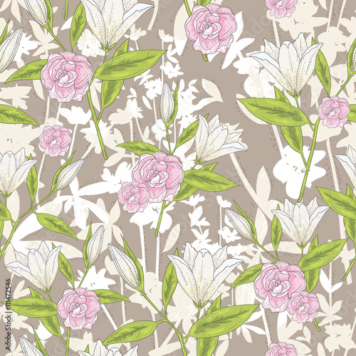 Seamless floral pattern. Vector background with lilly flowers an