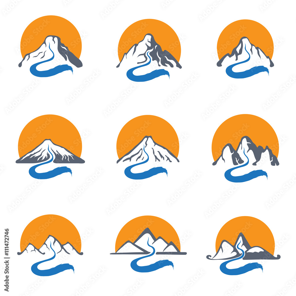 Obraz premium Mountain river and sun, vector logo set illustration.