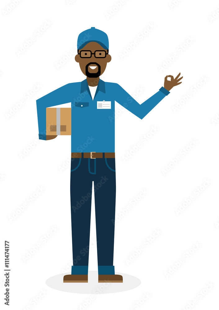 Delivery man with parcel and ok gesture. Fast transportation. Isolated african american cartoon character on white background. Postman, courier with package and ok. 