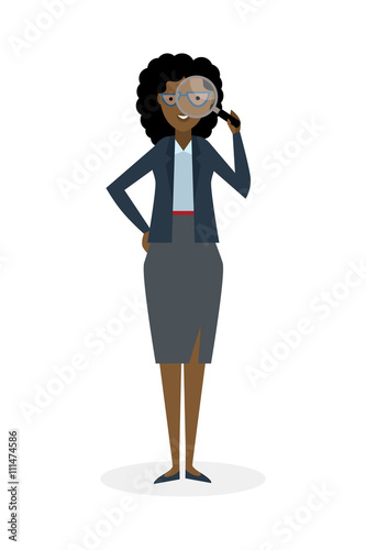 Businesswoman with magnifier on white background. Isolated character. African american observer. Analyzing tool. Magnifying glass. Curiosity and research in business.