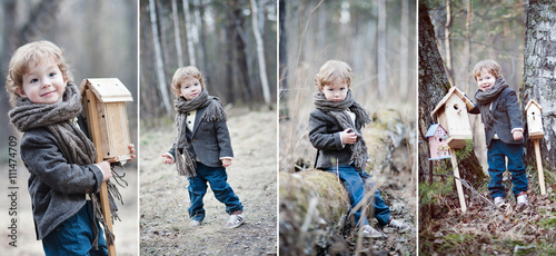 Collage. A boy with blond and curly hair in the woods. Birdhouse.