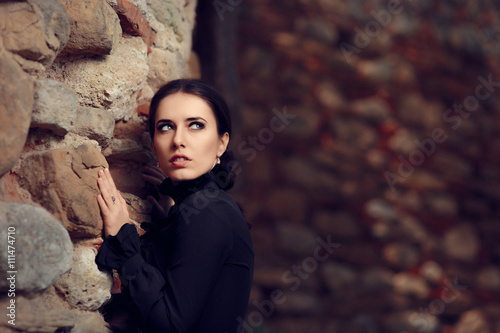 Scared Princess Near Castle Wall