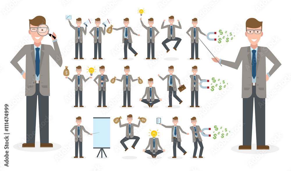 Caucasian businessman set. Isolated set of businessman on white background. Clipboard, pointer, money bag, speaker, magnet. Active and professiaonal businessman. Multitasking. Caucasian businessman set. Isolated set of businessman on white background. Clipboard, pointer, money bag, speaker, magnet. Active and professiaonal businessman. Multitasking.