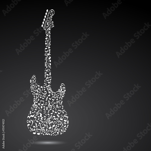 Music notes guitar. Electric guitar made of music notes. White notes pattern. Black and white design. Guitar shape. Poster idea. 
