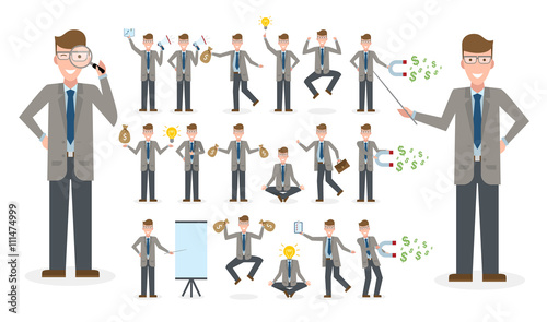 Caucasian businessman set. Isolated set of businessman on white background. Clipboard, pointer, money bag, speaker, magnet. Active and professiaonal businessman. Multitasking.