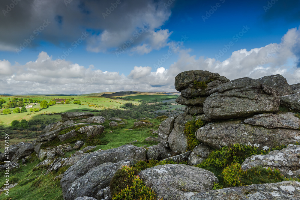 Panoramic view on rocky hills in Dartmoor