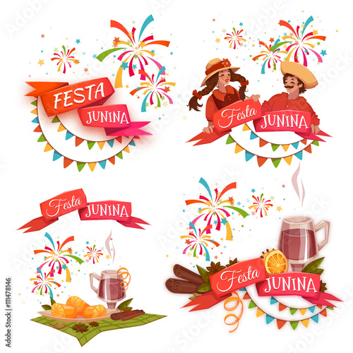 Banner set with ribbons for Festa Junina Brazil party. Vector illustration.