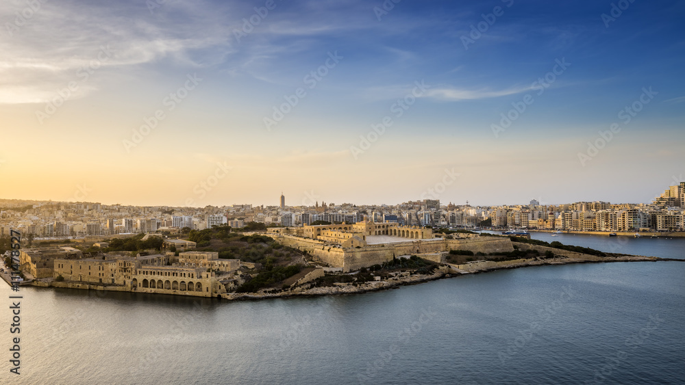 Malta - Panoramic view of Malta and Fort Manoel from Valletta at blue hour
