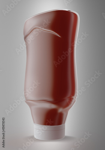 Sauce, ketchup, mustard or any liquid food product container on grey background. 3D illustration.