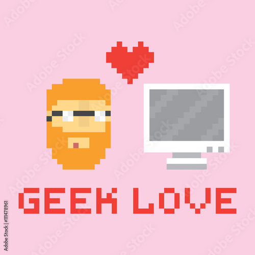 Pixel art style geek in love with computer vector illustration