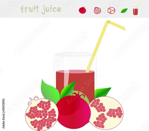 Banner Pomegranate juice. A glass of juice, straw yellow, pomegranate with green leaves, cut pomegranate on white background, vector