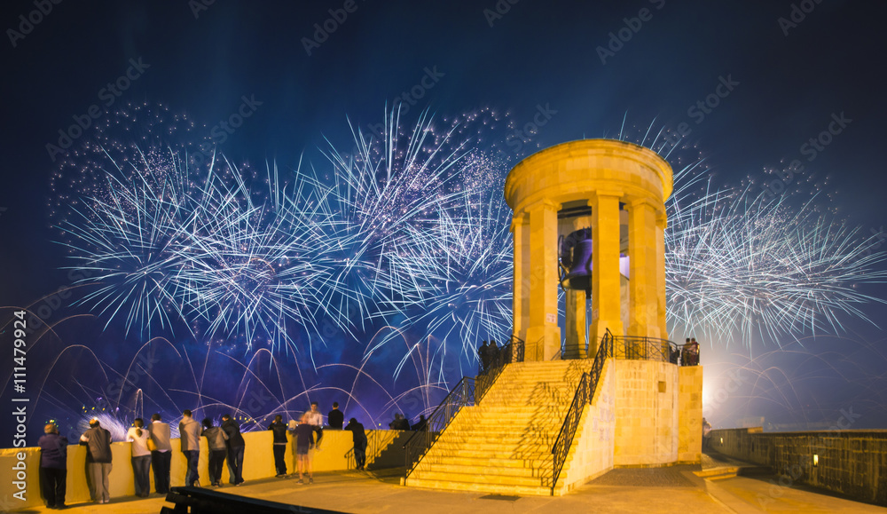 Malta Fireworks Festival at Valletta from Siege Bell War Memorial