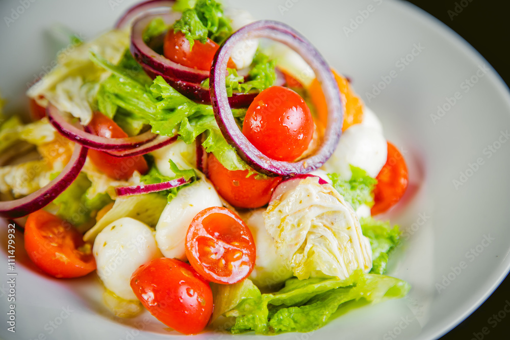 delicious vegetarian salad, salad with fruits and vegetables