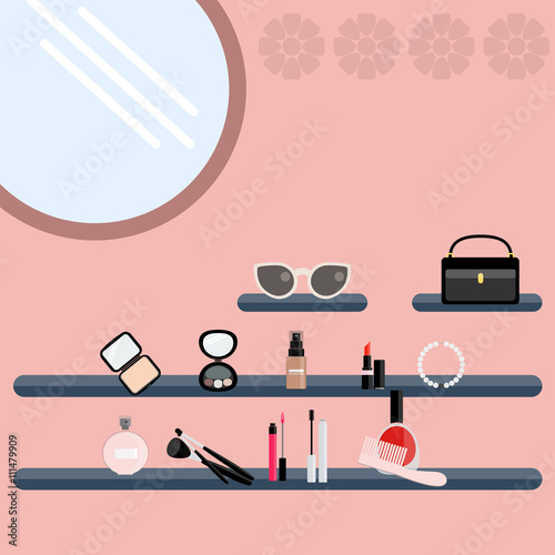 Woman make up room with fashion accessories, with a pink background. Digital vector image.