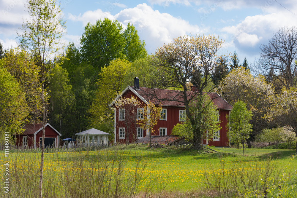 Typisches, altes Bauernhaus in Småland,  Schweden, aus dem 19. Jahrhundert an einem Frühlingstag
