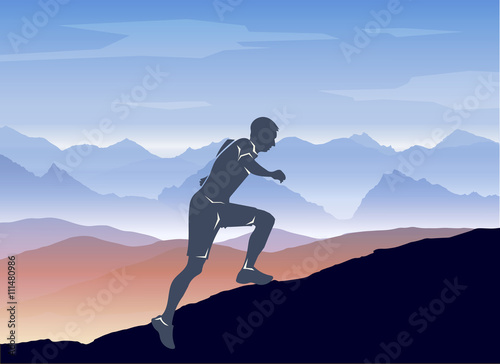 Sport running man in cross mountain landscape. Vector layered