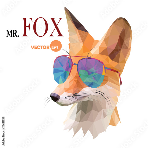 Fox man, Mr. Fox in sunglasses, urban city style, hipster look fashion animal portrait close-up on the white background. Graphic in the low poly style for cartoons hero, book, cards, funny things