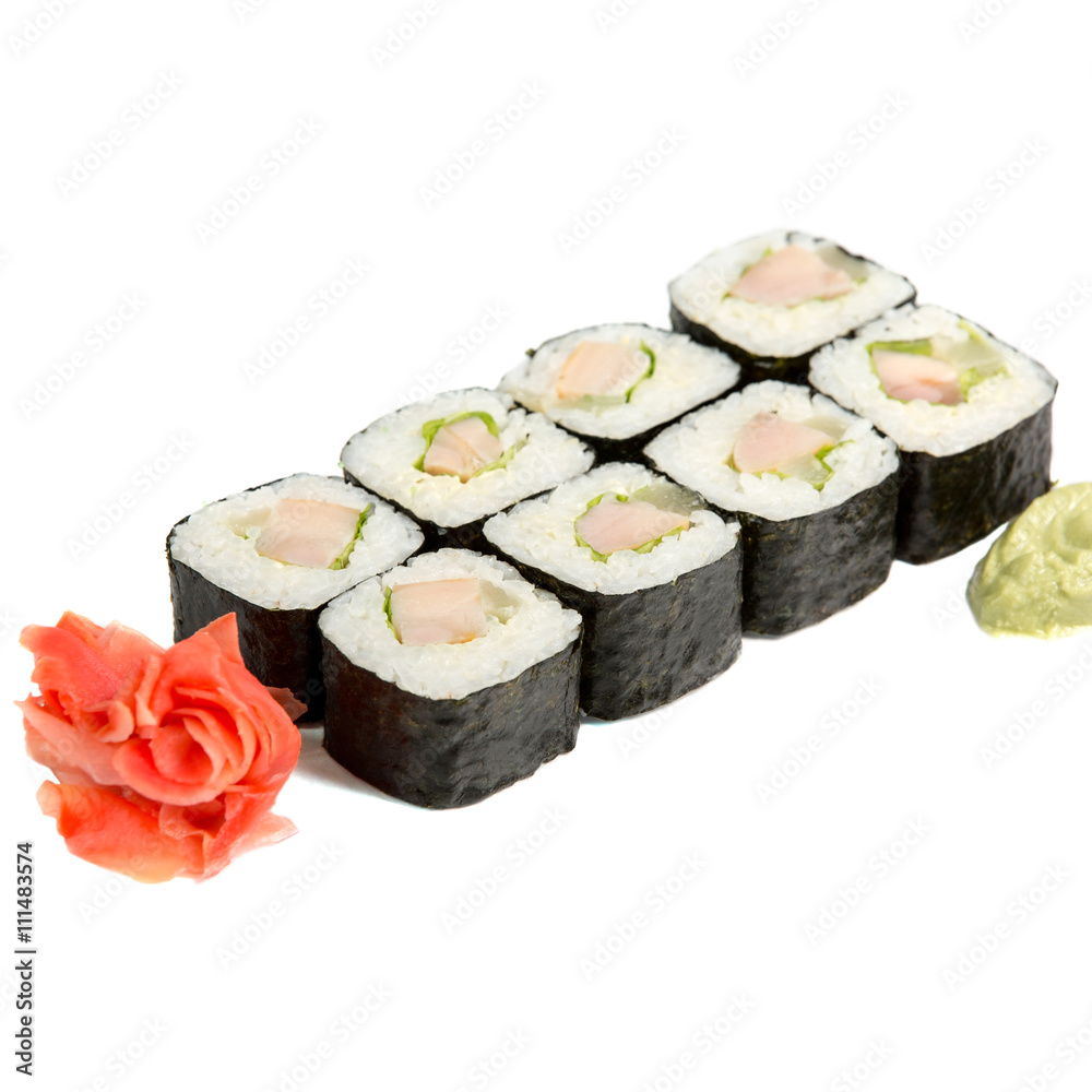 Sushi with smoked chicken and lettuce isolated on white Sushi with smoked chicken and lettuce isolated on white