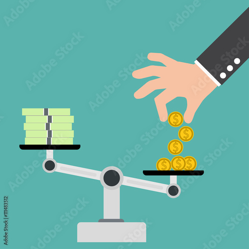 Scales with money on a turquoise background