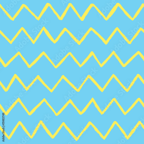 Abstract hand drawn zig zag lines seamless vector pattern blue and yellow