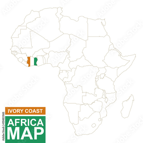 Africa contoured map with highlighted Ivory Coast.