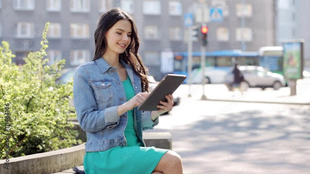 happy young woman or teenage girl with tablet pc happy young woman or teenage girl with tablet pc