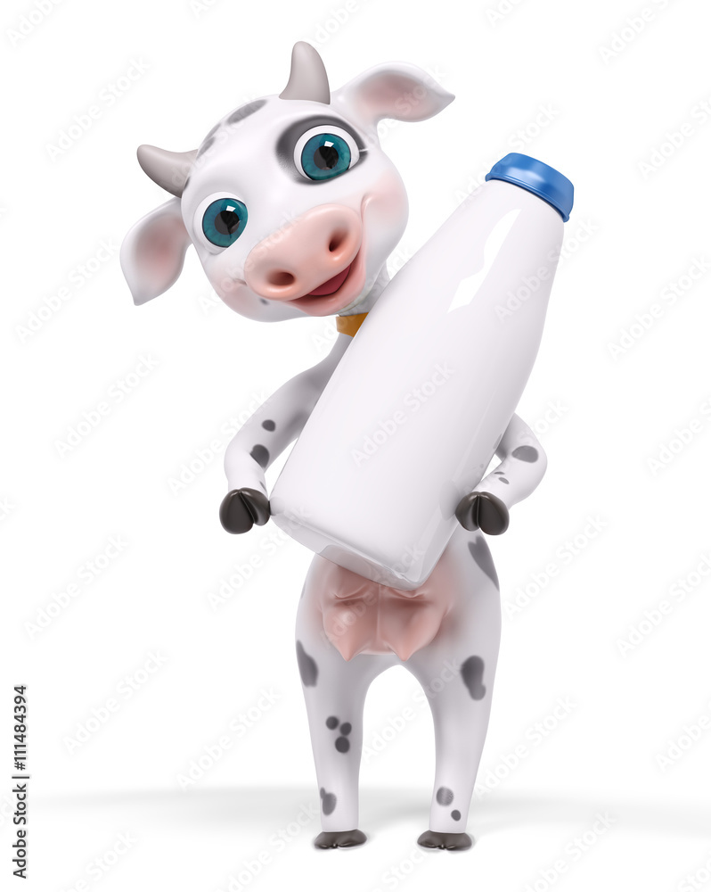 Cartoon character cow with milk bottle isolated, 3d rendering