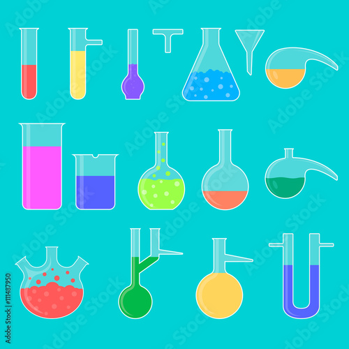 Set of chemical utensils in a flat style. Colorful flasks and test tubes.