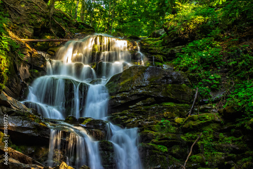 Fototapeta Naklejka Na Ścianę i Meble -  beautiful waterfall comes out of a huge rock in the forest