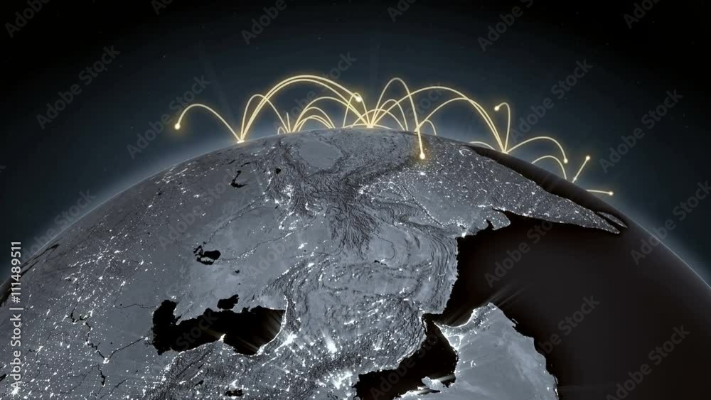 Growing global network across the world. Internet and business concept. Orange version. Loopable. 4K 