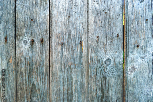 Wooden background of old fence with rusty nails. Shabby texture of green wooden boards.