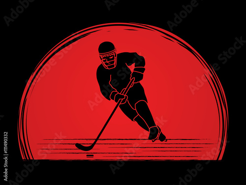 Hockey player pose designed on sunset background graphic vector