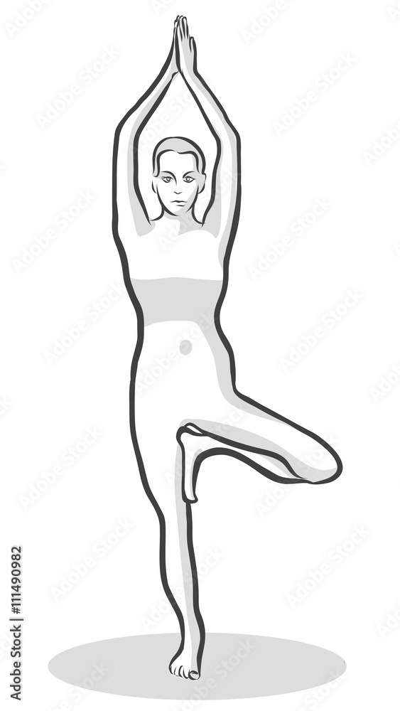 Hand Drawn Tree Pose Vrikshasana, Yoga Woman. Vector Outline Illustration. Hand Drawn Tree Pose Vrikshasana, Yoga Woman. Vector Outline Illustration.