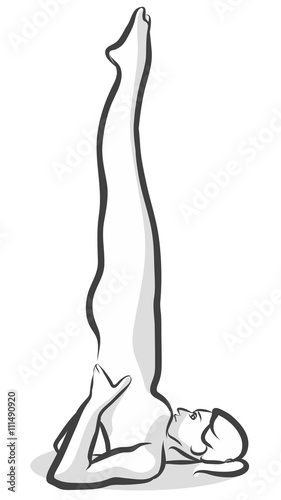 Hand Drawn Shoulder Stand Sarvangasana Pose, Yoga Woman. Vector Outline Illustration.
