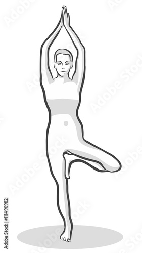 Hand Drawn Tree Pose Vrikshasana, Yoga Woman. Vector Outline Illustration.