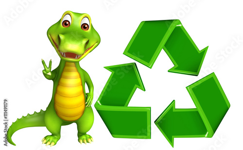 cute Aligator cartoon character with recycle sign