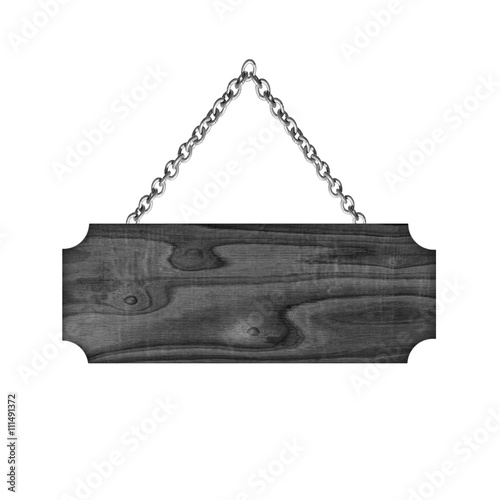 Wooden sign hanging on a chain isolated on white background