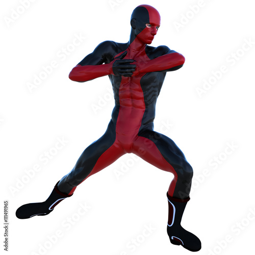 one young man in red-and-black superhero costume. Hit with an elbow
