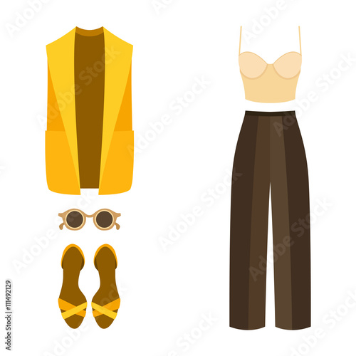 Set of trendy women's clothes with panties, vest, bustiers top and accessories. Vector illustration