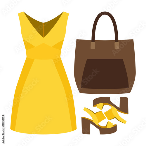 Set of trendy women's clothes with dress and accessories. Vector illustration