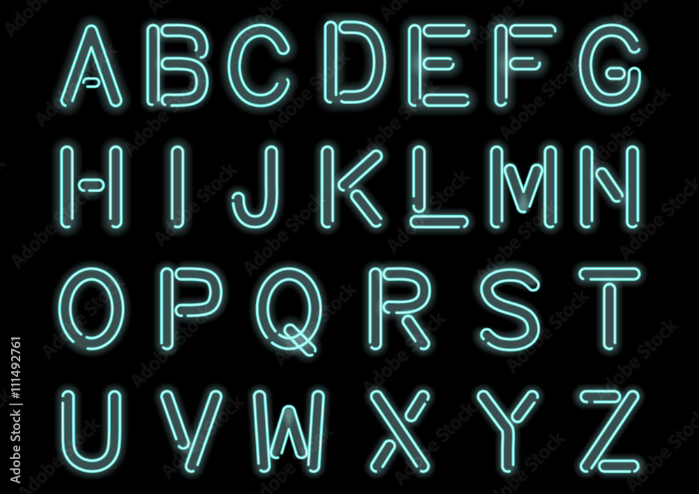 Glowing Cyan Blue Neon Alphabet isolated and transparent. Custom handcrafted font for design. Vector.