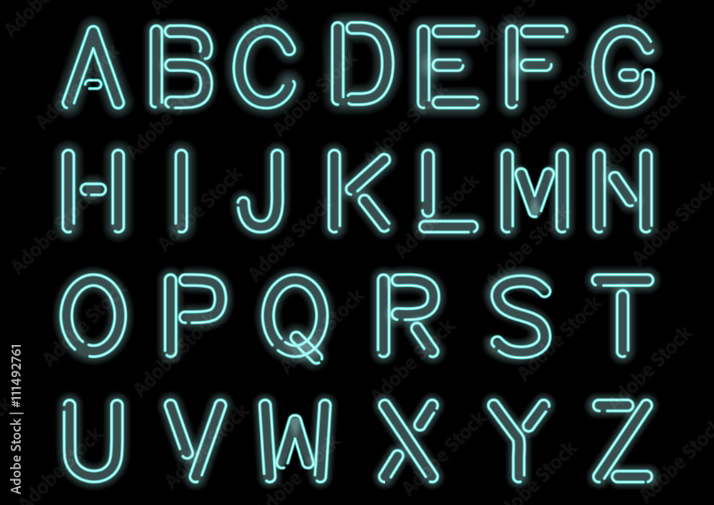 Glowing Cyan Blue Neon Alphabet isolated and transparent. Custom handcrafted font for design. Vector. Glowing Cyan Blue Neon Alphabet isolated and transparent. Custom handcrafted font for design. Vector.
