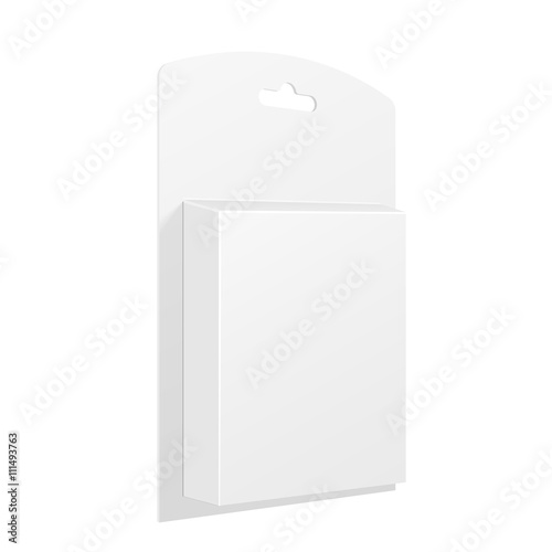 White Product Package Box With Hang Slot. Blank On White Background Isolated. Mock Up Template Ready For Your Design. Product Packing Vector EPS10