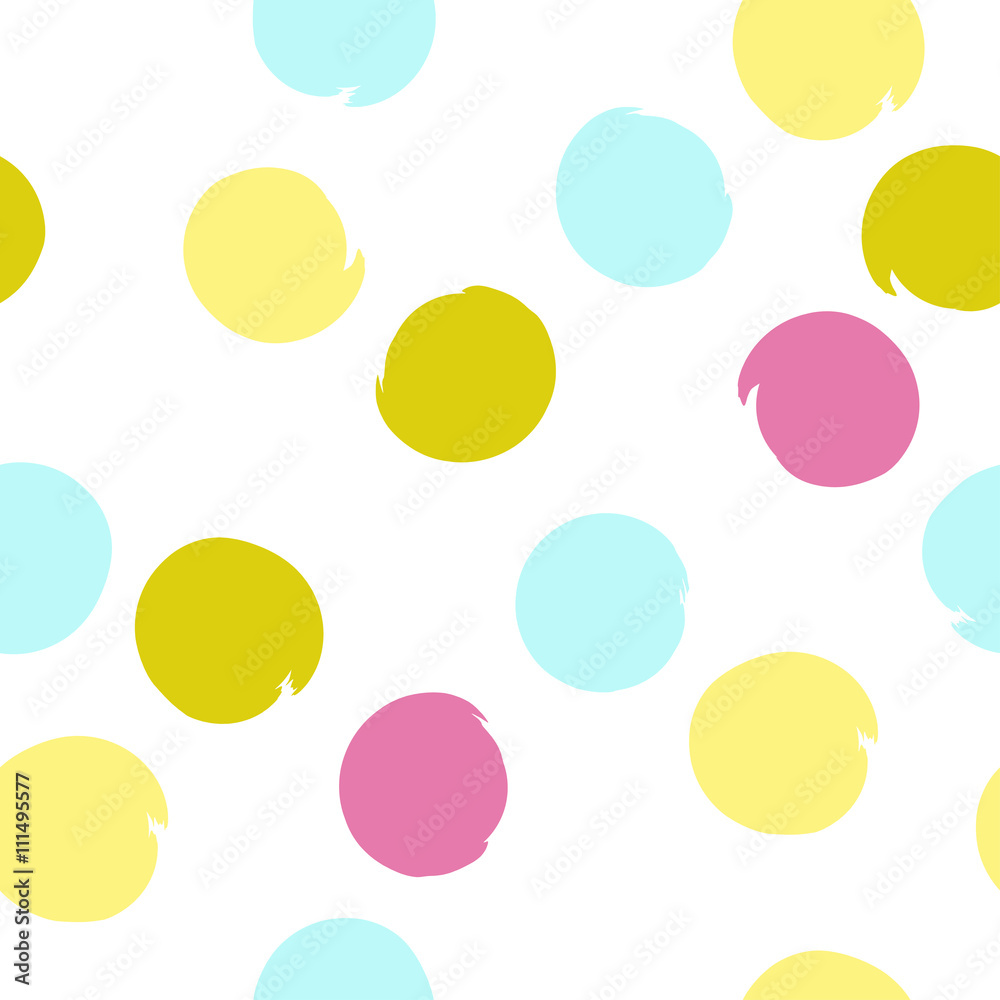 Cute vector geometric seamless pattern. Brush strokes, polka dots. Hand drawn grunge texture. Abstract forms. Endless texture can be used for printing onto fabric or paper