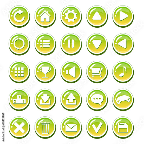 Set of yellow green glassy buttons for interfaces (game interface, app user interface). Vector GUI elements for mobile game or PC game. Isolated on white background