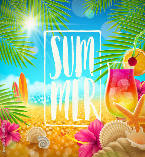 Summer holidays greeting card with Brush calligraphy. Vector illustration.
