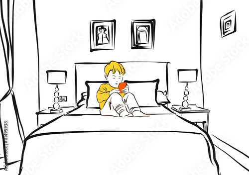 Hotel Room with cute Boy on Bed