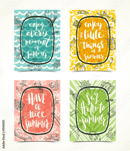Set of Summer holidays greeting card or posters. Handwritten calligraphy greetings and hand drawn summer vacation items. Vector illustration.