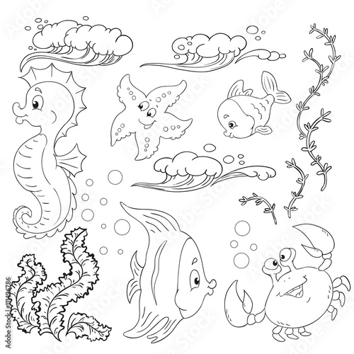 Set of marine inhabitants. Cartoon characters isolated. Vector illustration