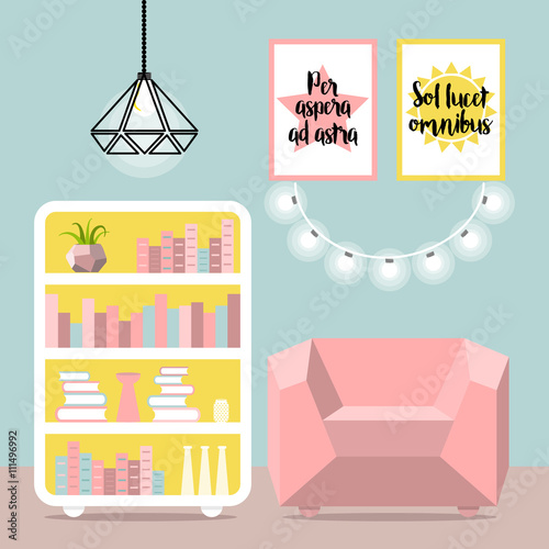 Vector illustration with armchair, luminaire, lamp and commode